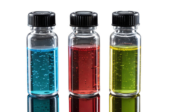 Colorful Liquids in Glass Vials Blue Red Green Chemistry Lab Stock Photo