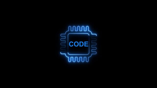 Glowing blue microchip with c o d e text neon effect on black background technology coding concept code