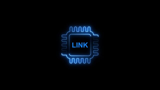 Neon blue microchip with l i n k text on black background technology concept link computer chip