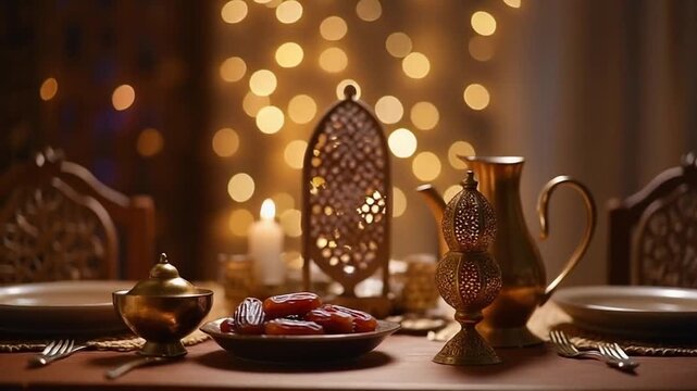 Elegant dinner table setup with golden decor, lit candle, and festive background lights for a special occasion or holiday meal