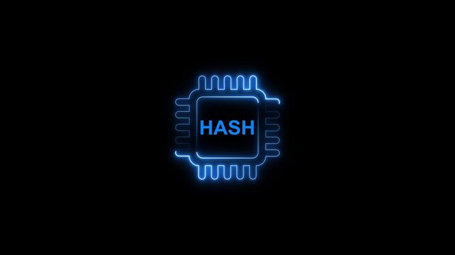 Glowing blue hash function microchip neon light effect on black background computer chip