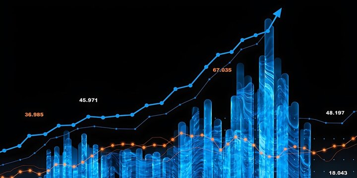 Financial market data analysis with glowing 3D bar and line charts on dark background showing economic trends and growth concept. 3d Rendering