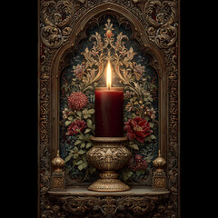Obraz premium Ornate Stained Glass Arched Windows Illuminating Candlelit Baroque Gothic Chapel Interior With Sacred Architecture high resolution photo
