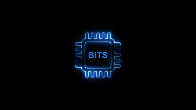 Neon blue microchip circuit board with b i t s text on black background bits technology