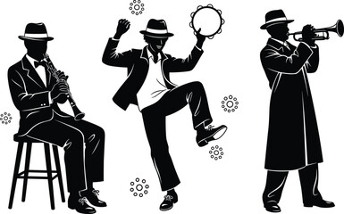 Three jazz musicians silhouettes playing clarinet, trumpet, and tambourine with musical notes, perfect vector illustration symbolizing jazz music performance energy © Mashrafi Saba 