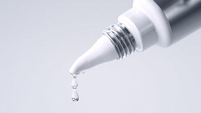 The image shows a close-up of a super glue nozzle tip with a droplet forming, ready to fall onto a clean surface in bright light