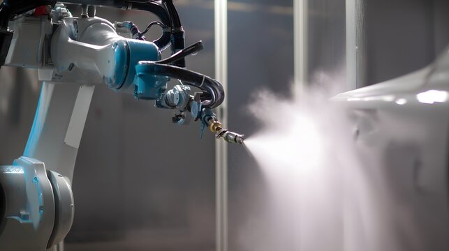 Robotic arm spraying paint onto a car body with fine mist cloud in a factory