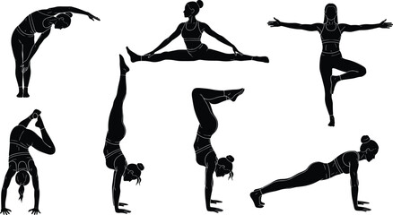 Collection of silhouettes featuring women performing advanced yoga poses including handstands, splits, and athletic stretching for fitness and wellness concepts.