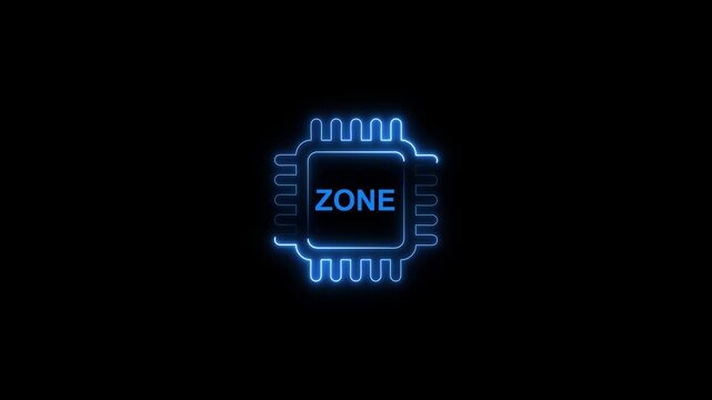 Glowing blue microchip zone neon sign technology background computer chip