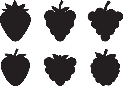 Black silhouette berry set strawberry blackberry raspberry, fresh fruit vector