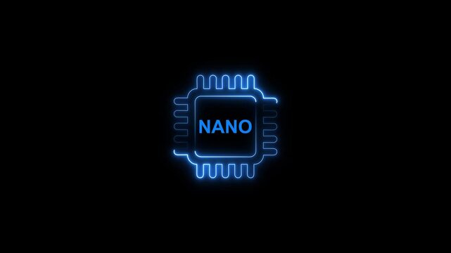Glowing blue nano chip microprocessor on black background with neon outline