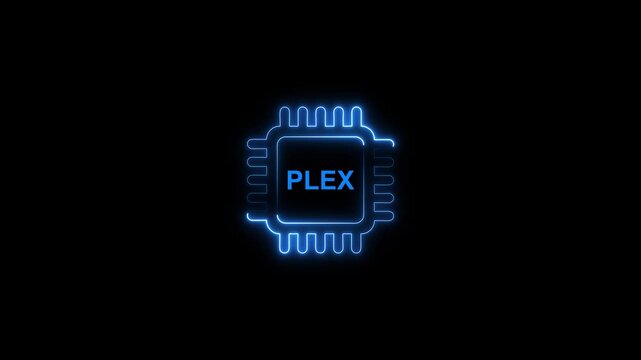 Glowing blue p l e x microchip circuit board neon sign technology concept plex
