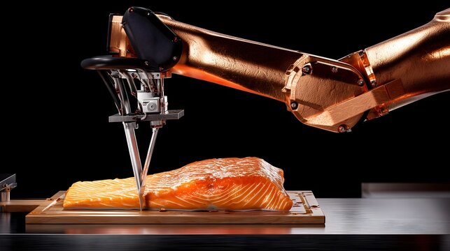 Robotic filleting arm slicing fresh salmon with micron precision in food processing plant