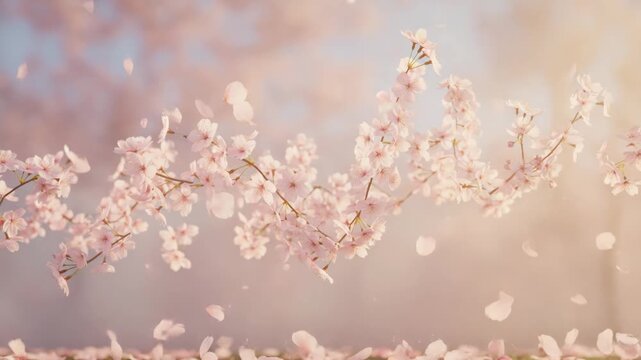  Flower petals drift slowly downward with subtle rotation The camera remains locked Light air movement creates gentle, continuous motion Cinematic realism 