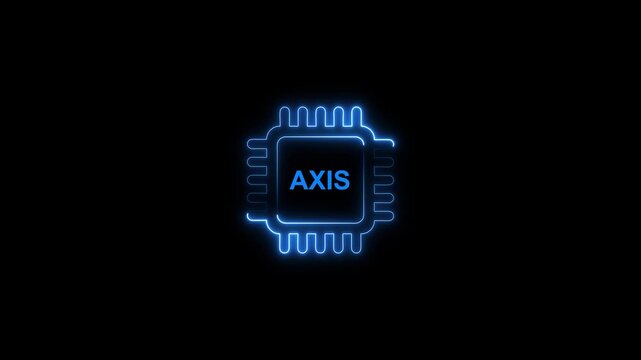 Glowing blue microchip with axis text on black background technology concept computer chip