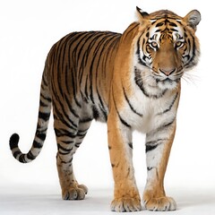 Obraz premium A majestic tiger standing confidently on a plain white background