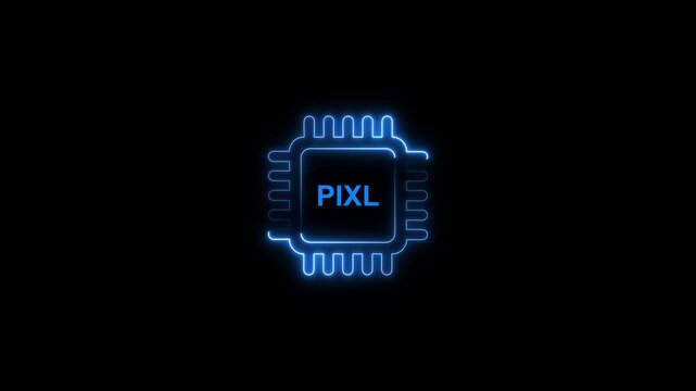 Glowing blue microchip with p i x l text on black background technology concept pixl computer chip