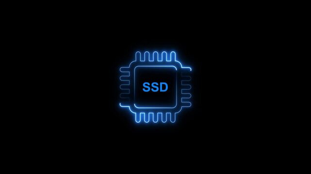 Glowing blue s d solid state drive circuit board neon light technology concept