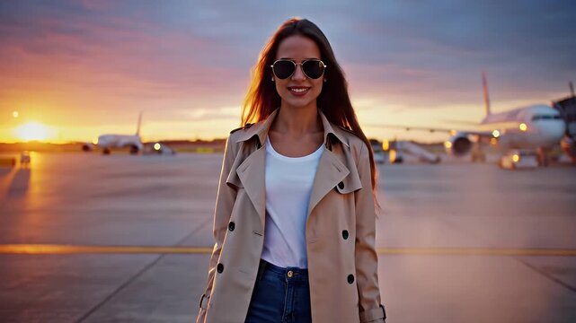 A stylish woman walks towards the camera on an airport tarmac, pulling a suitcase during a vibrant sunset.