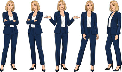 Obraz premium Vector illustration set of a professional blonde businesswoman wearing a navy blue suit and high heels in various standing poses and office gestures.
