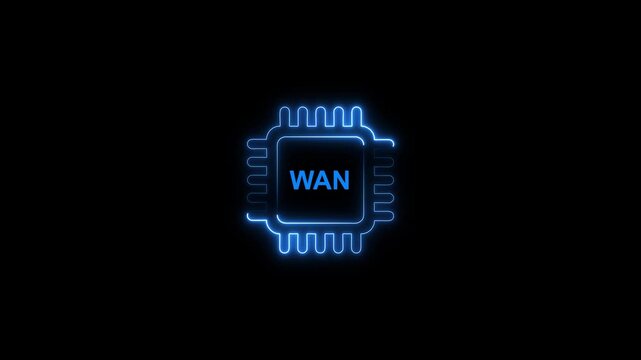 W a n network microchip circuit board neon blue glow digital technology concept