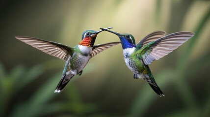 Fototapeta premium Colorful Hummingbirds Hovering Face to Face in Mid-Air Wildlife Interaction