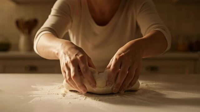 Close-up of hands kneading dough on a kitchen countertop. Flour texture visible as dough is pressed and folded, warm lighting and realistic home baking scene.