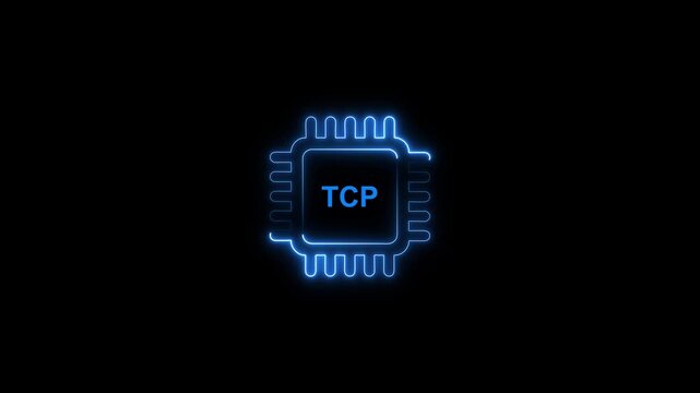 Glowing blue t c p chip microprocessor on black background with neon outline microchip