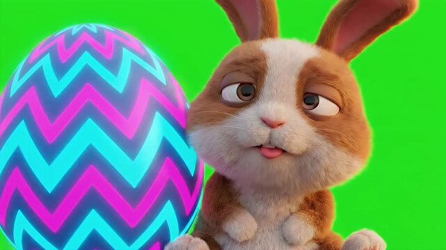 Funny 3D Brown Bunny Sleepy Derp Face with Tongue Out next to Neon Zigzag Easter Egg on Green Screen 4K Seamless Loop
