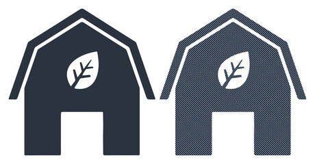 Two stylized barns with leaf icons symbolize eco-friendly agriculture and sustainability. © MDTUHIN