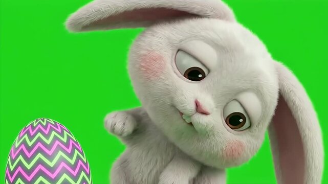 Sleepy 3D White Bunny showing a Funny Derp Face with Tongue Out beside a Zig-Zag Patterned Easter Egg on Green Screen 4K Seamless Loop