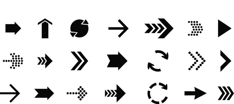 Collection of various black arrow icons on white background