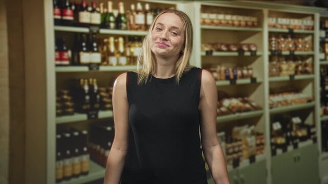 Woman standing before store shelves of bottles and jars, smiles with a head tilt showing bare shoulders in a building; casual confidence.