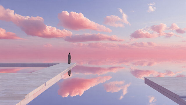 Silhouette seule au bord de l'eau au lever du soleil