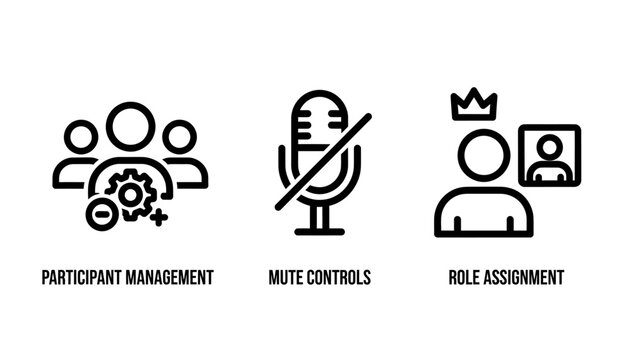 Virtual meeting and collaboration management icons: participant roles, mute controls, and group administration