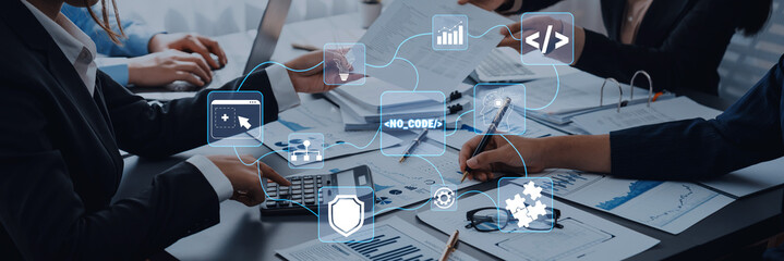 Business Team Collaboration on Financial Analysis and Data Visualization with Digital Icons...