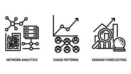 Obraz premium Business data analytics and demand forecasting icons illustrating network usage patterns and statistics visualization