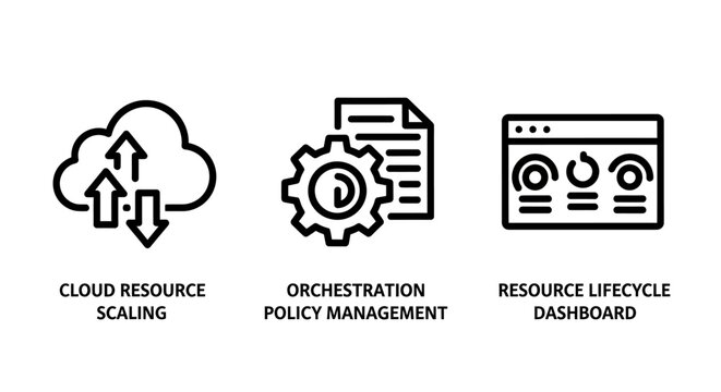 Cloud resource management icons: scaling, orchestration, and lifecycle dashboard for modern it & devops