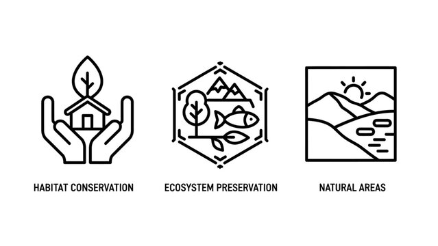 Environmental habitat conservation and ecosystem preservation icon set for nature protection
