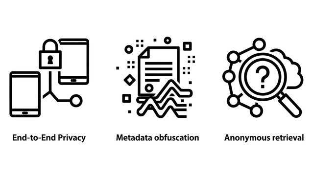 Cybersecurity icon set representing end to end privacy metadata obfuscation and anonymous data retrieval for secure networks