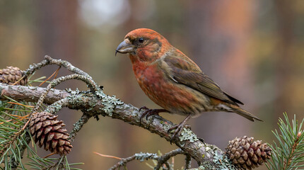 Obraz premium Red Crossbill Bird Perched on Pine Branch with Cones