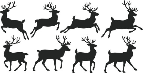 Obraz premium Deer silhouettes collection showing running and standing stag poses isolated on white background, wild forest animal vector illustration set