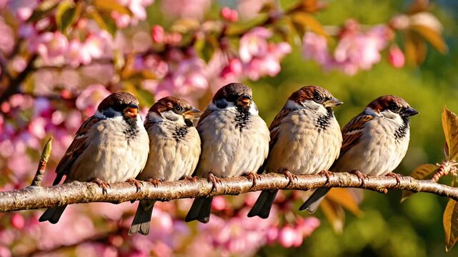 Five sparrows perched on a branch with pink blossoms in spring light