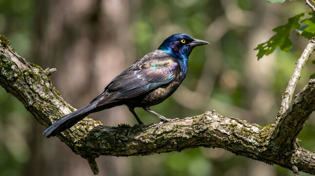 Common Grackle Bird Perched on Mossy Tree Branch in Forest
