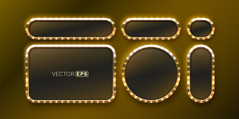Golden retro marquee frames with glowing light bulbs. Ideal for casino, theater, or advertising design. Vector illustration. © hobbitfoot