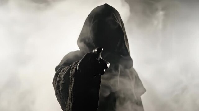 Mysterious hooded figure points finger in smoky atmosphere.