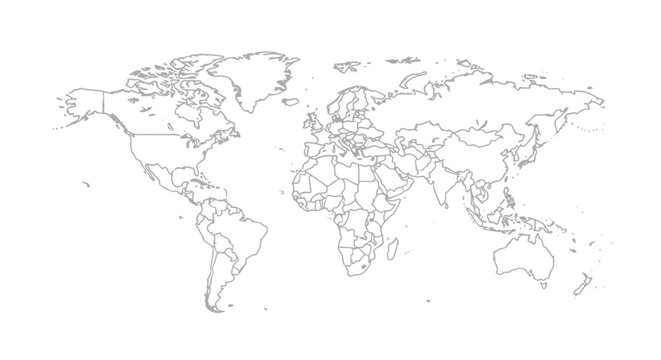World map with country borders and outlines in black and white isolated on transparent background