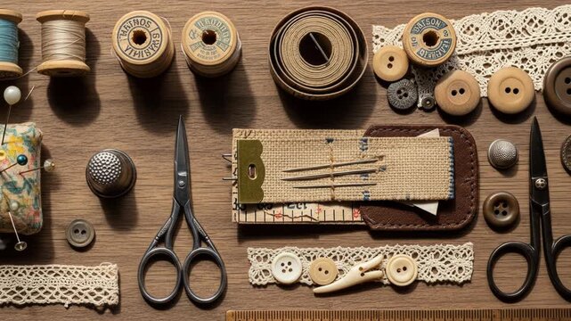 A collection of sewing supplies on a wooden table, including threads, buttons, scissors, and fabrics