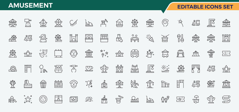 Amusement line icon set. Contains related to entertainment, games, recreation, park, fun and more. Fun icon set in linear style. UI icons set in a thin style. Editable vector art.
