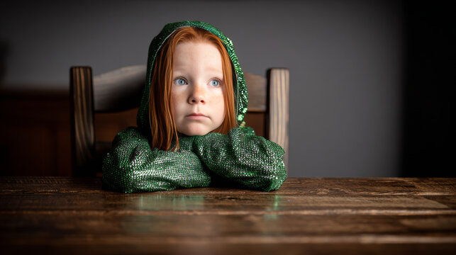 Child sits quietly at a wooden table wearing green outfit with focused expression in indoor setting during daylight hours